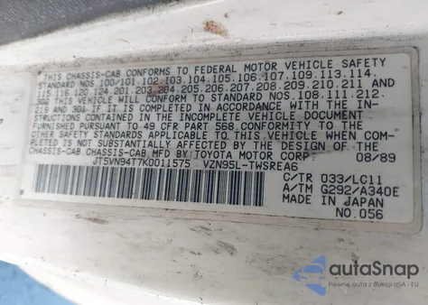 1989 Toyota Pickup Cab Chassis Super Long Wb from USA, damaged, VIN JT5VN94T7K0011575